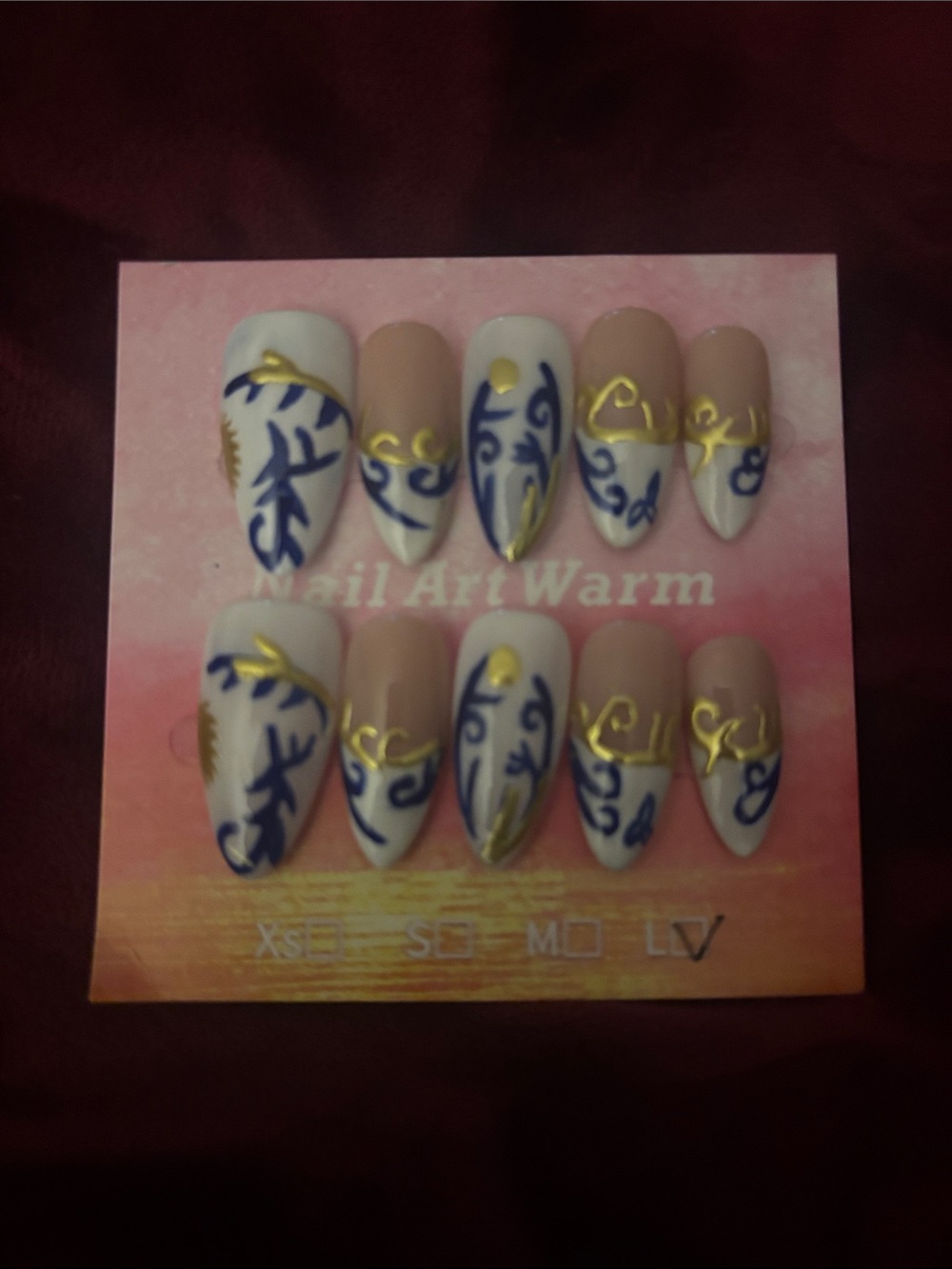 Beige, White & Blue Press-On Nail Set by